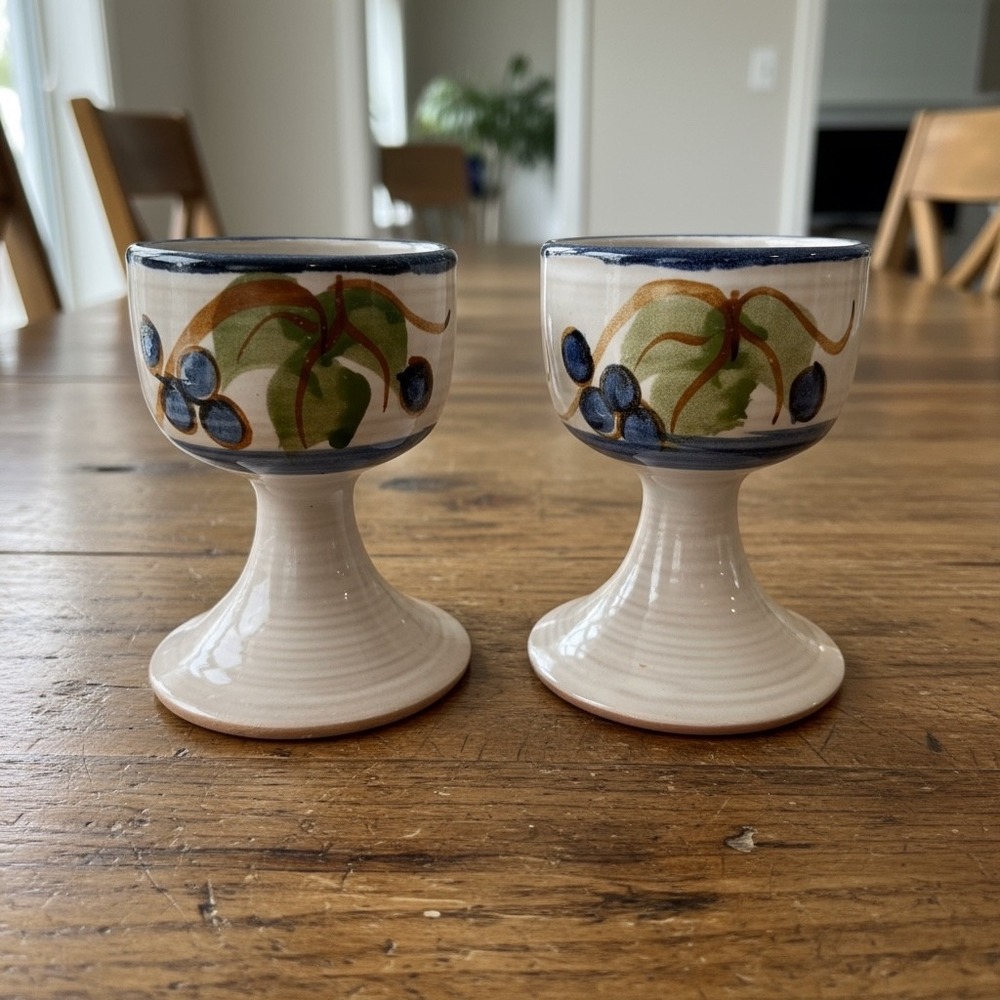 Pacific Stoneware Vintage Egg Cups Set of 2 Blue Berries Hand Painted 1970s‎ USA